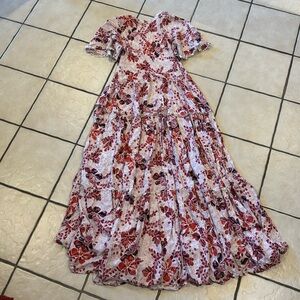 Red floral maxi dress with low back